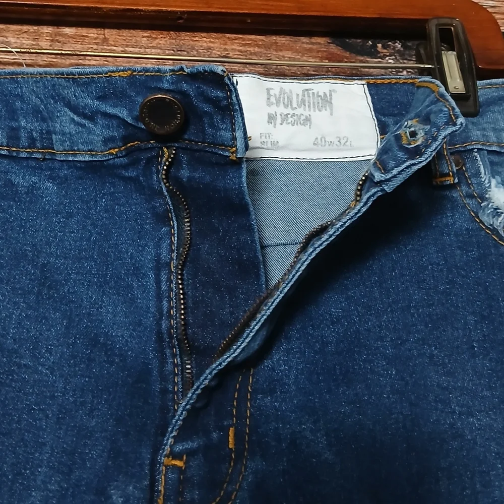 NWT Evolution in Design Jeans Mens 40X32 Slim Mid Rise Frayed Fringe Distressed - Picture 6 of 9